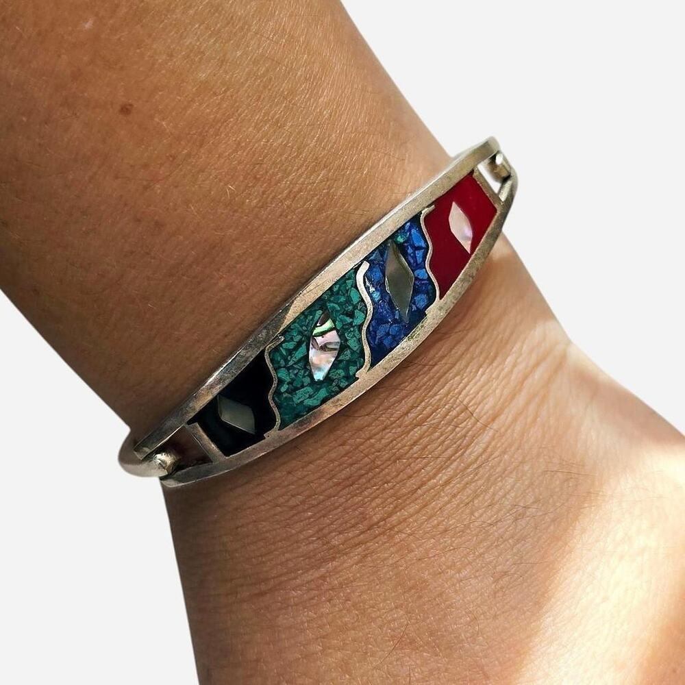 Vintage 1960s Mexican Alpaca Mosaic Inlay Hinged Cuff Bracelet